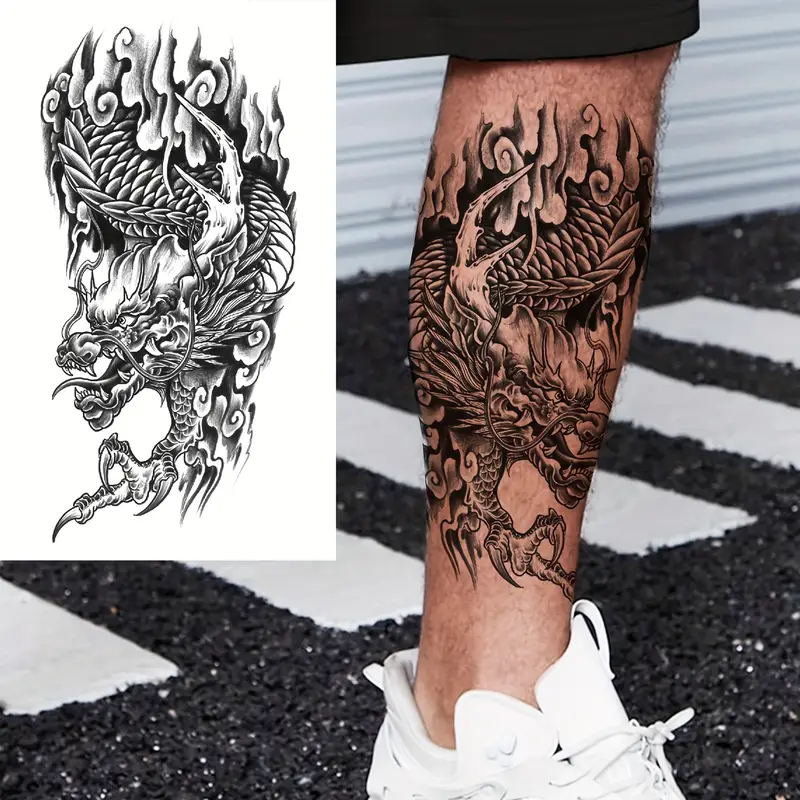 artistic dragon leg tattoos for men.