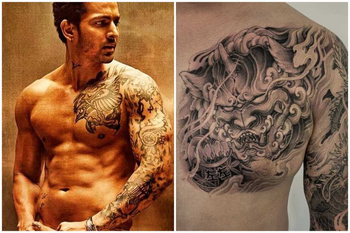 artistic interpretations of religious chest tattoos for men.