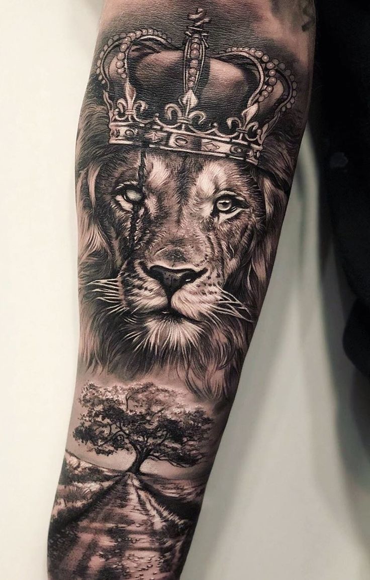 artistic lion forearm tattoos for men examples.