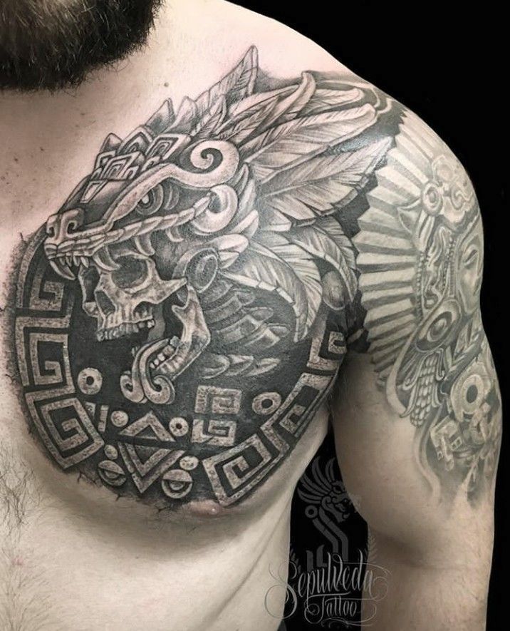 Aztec warrior chest tattoos for men ideas