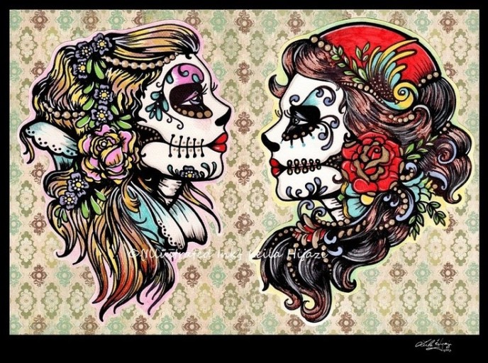 bold color schemes in Day of the Dead tattoos for men