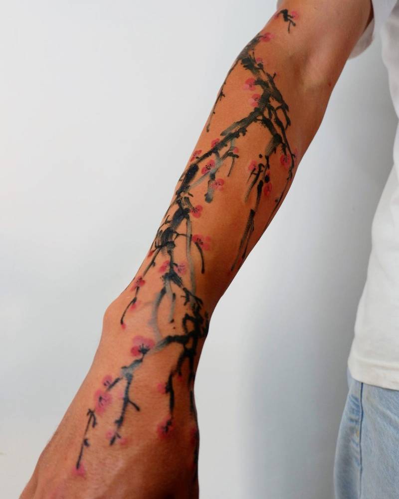 cherry blossom sleeve tattoos for men