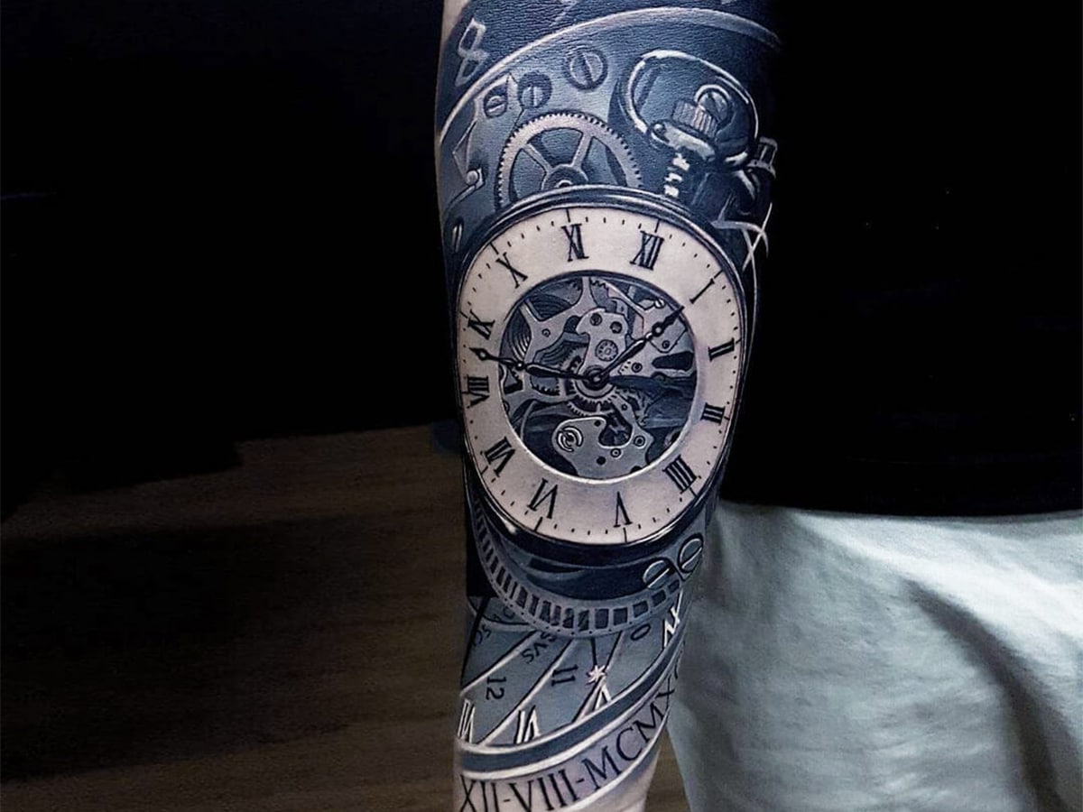 clock inner forearm tattoos for men 0019