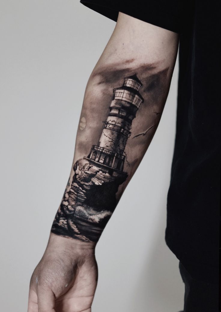 compass and lighthouse tattoos for men