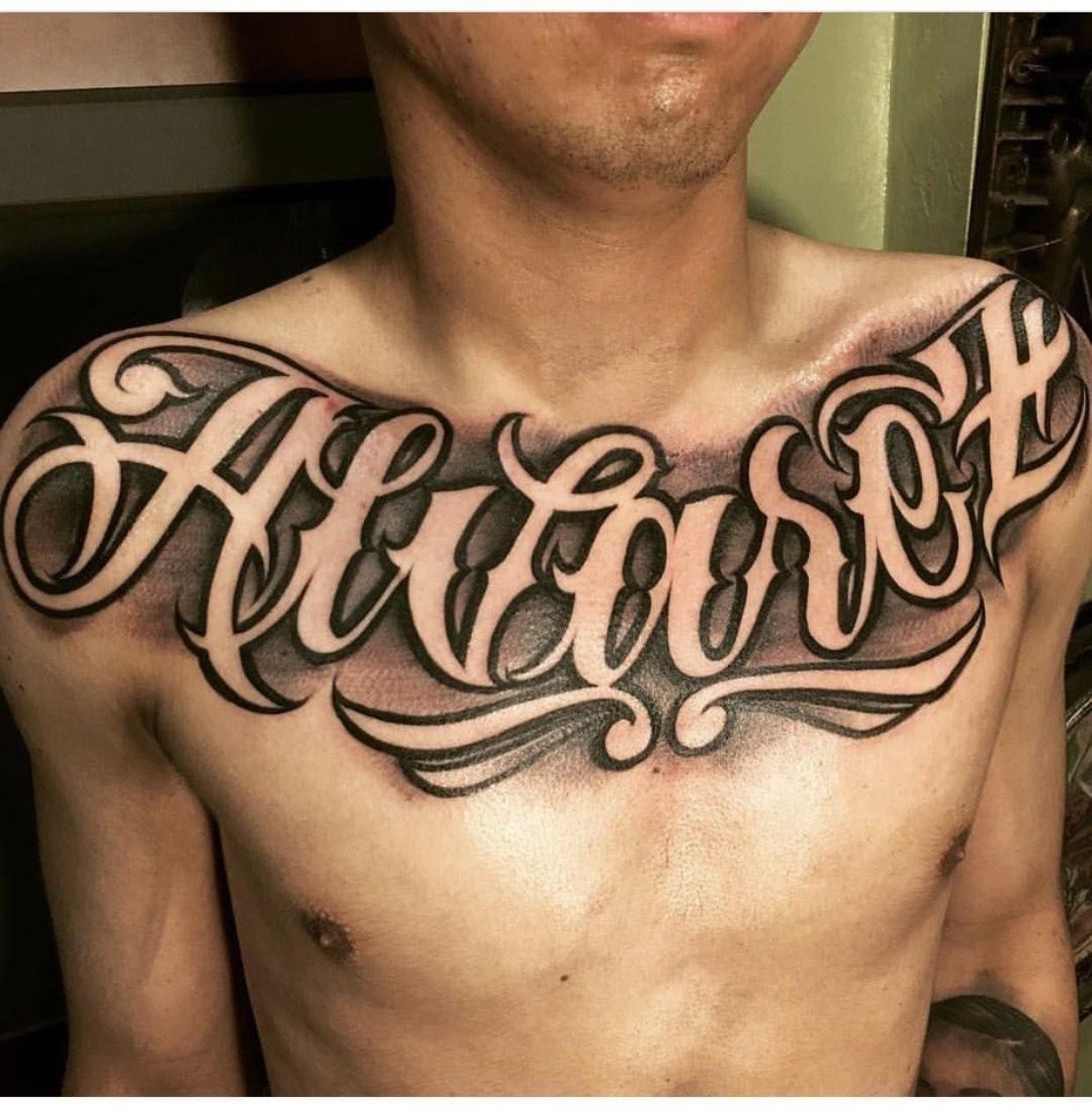 creative designs for men's chest tattoos words.