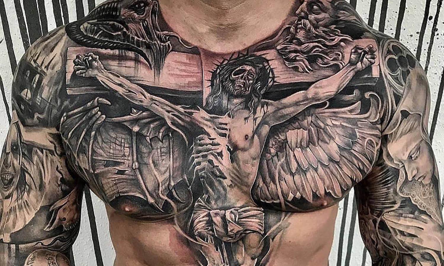 custom religious chest tattoos for men