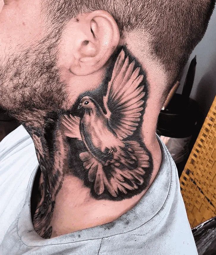 dove neck tattoos for men in black and gray