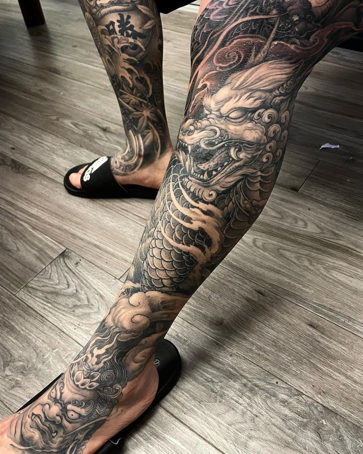 dragon leg tattoos for men design ideas