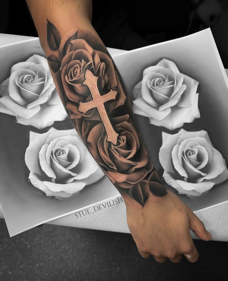 forearm Cross and rose tattoo designs for men