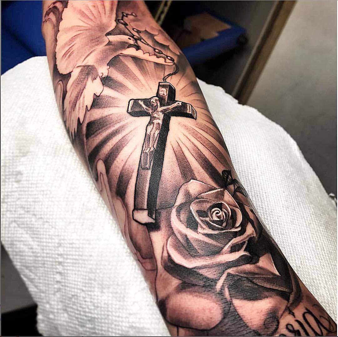 forearm Cross and rose tattoo for men 0011