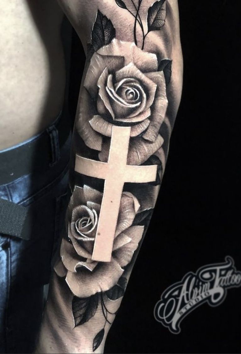 forearm Cross and rose tattoo for men 0012