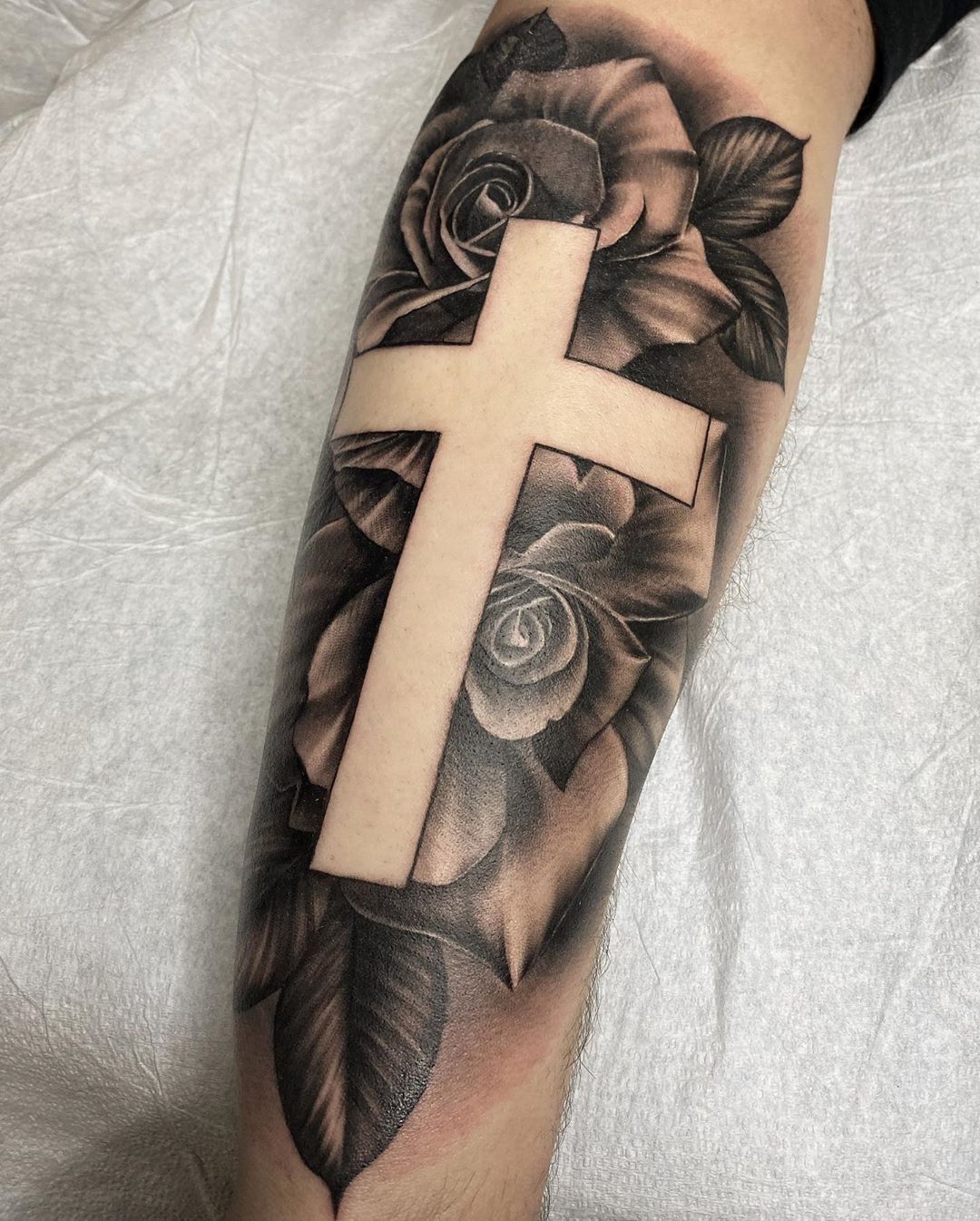 forearm Cross and rose tattoo for men 0014