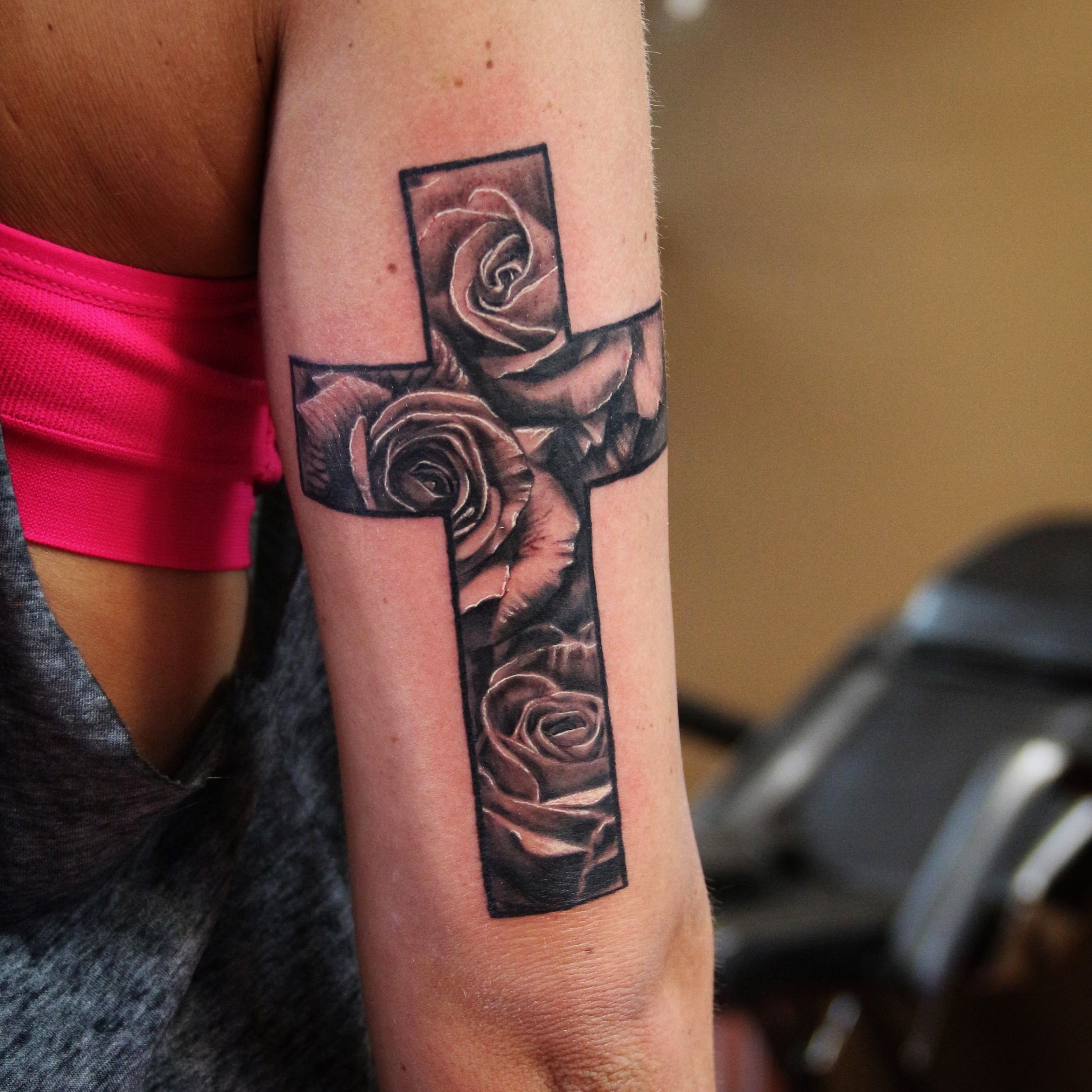 forearm Cross and rose tattoo for men 0015