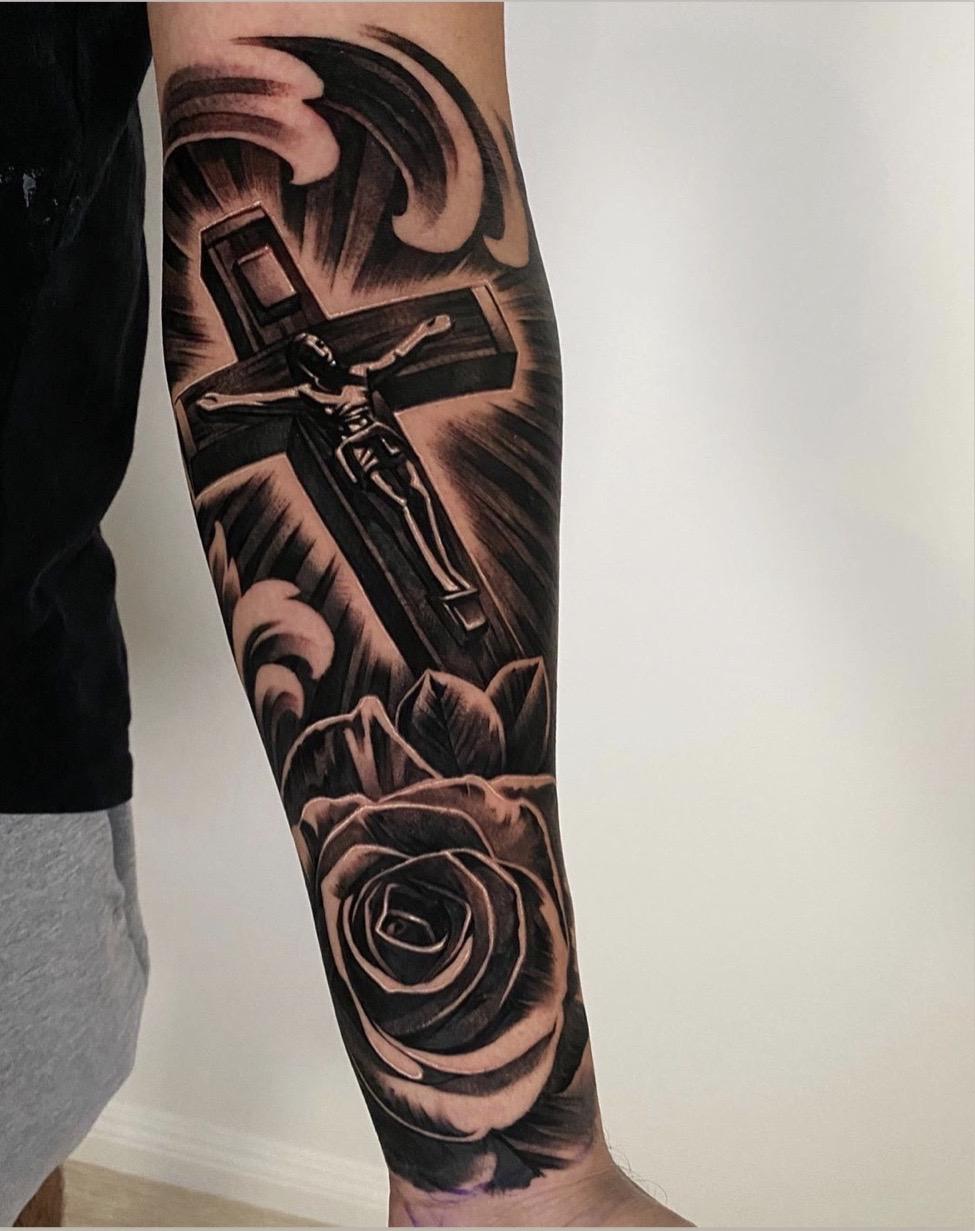 forearm Cross and rose tattoo for men 0018