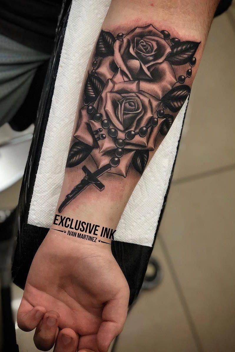 forearm Cross and rose tattoo for men 0019