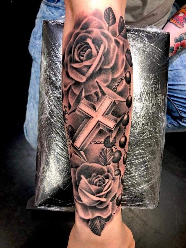 forearm Cross and rose tattoo for men 0020