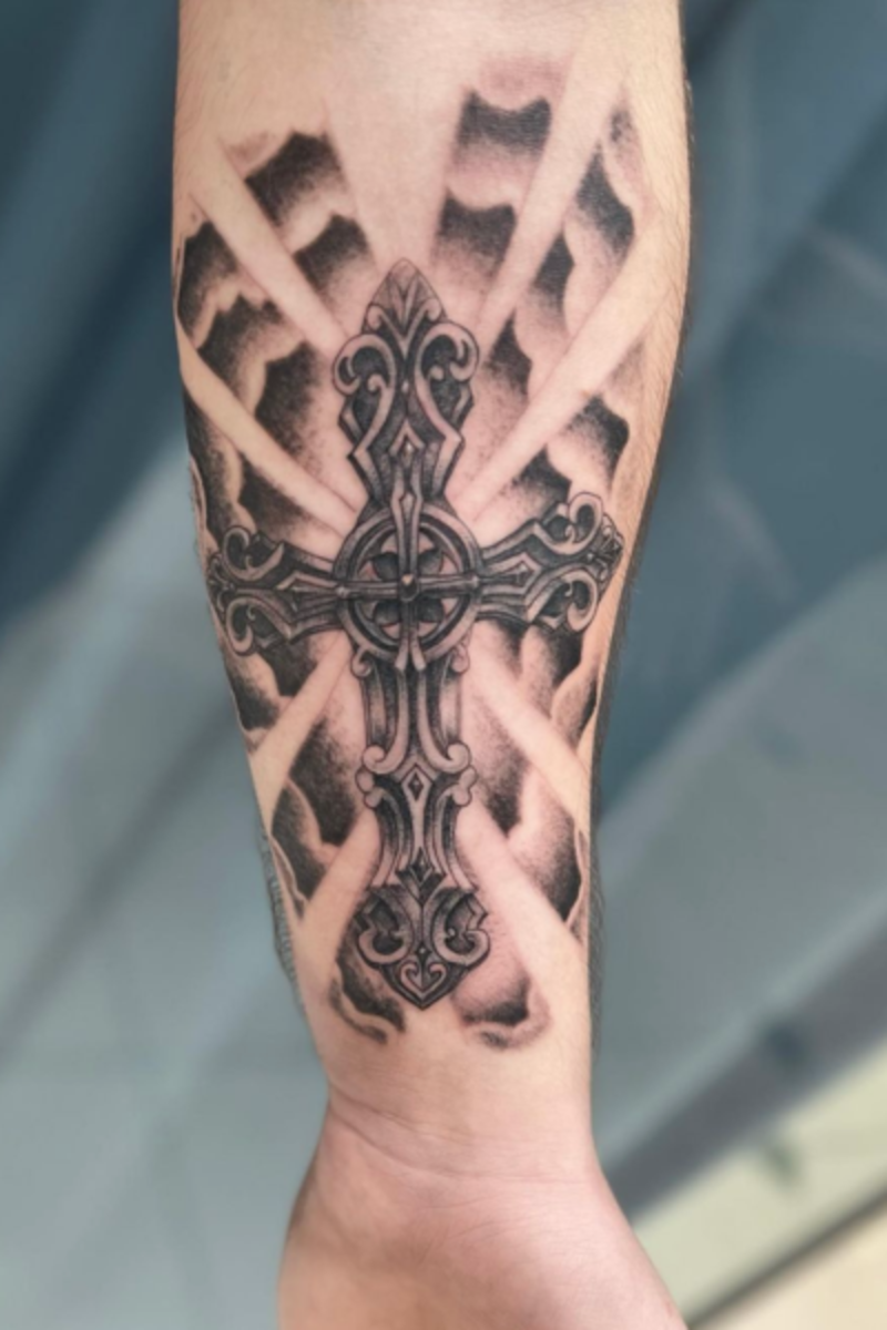 forearm Cross and rose tattoo for men 0021