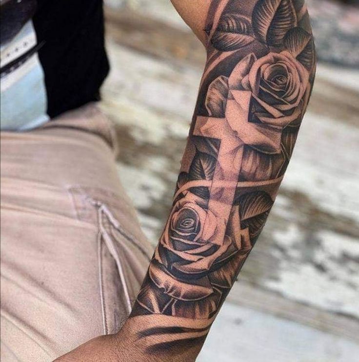 forearm Cross and rose tattoo for men 0023