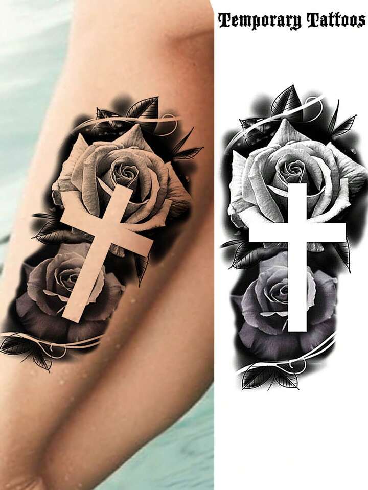 forearm Cross and rose tattoo for men 0025