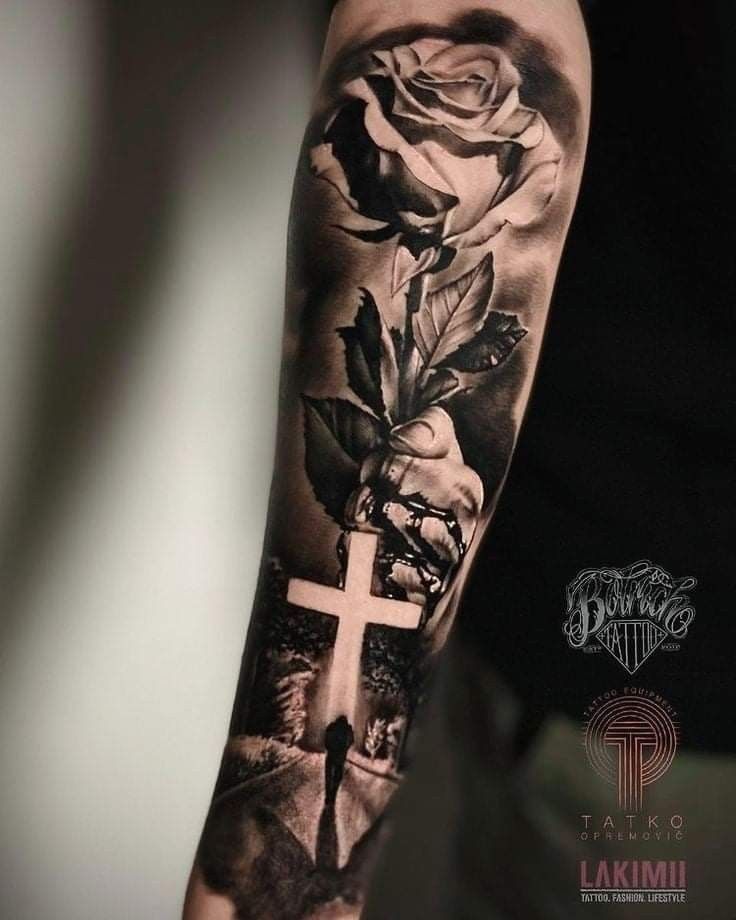 forearm Cross and rose tattoo for men 0026