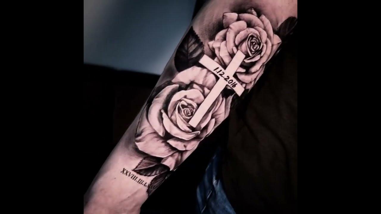 forearm Cross and rose tattoo for men 0030