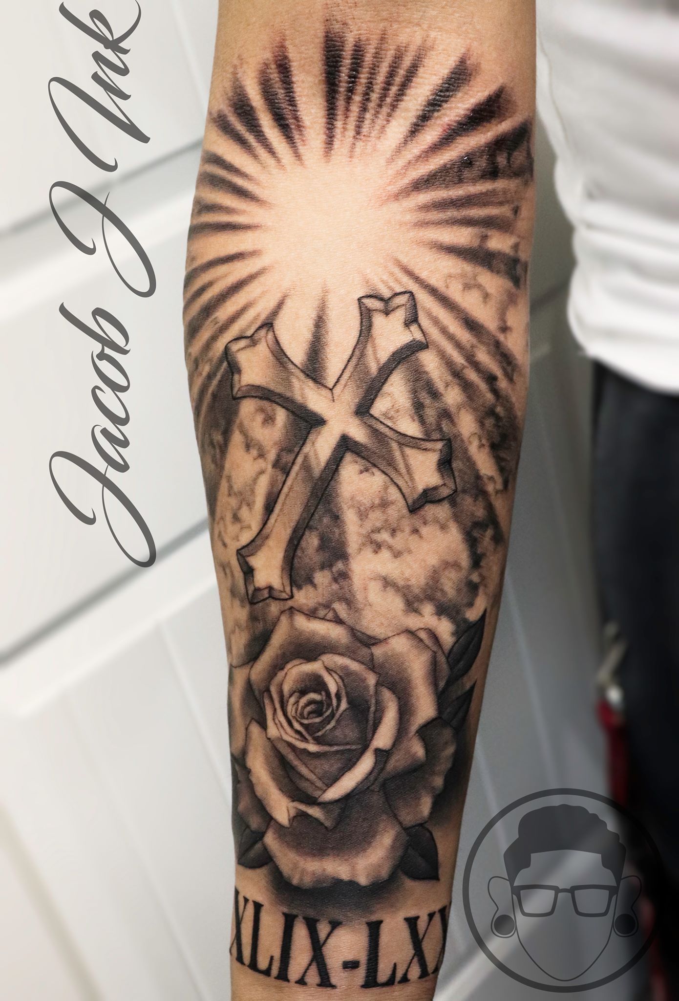 forearm Cross and rose tattoo for men 0031