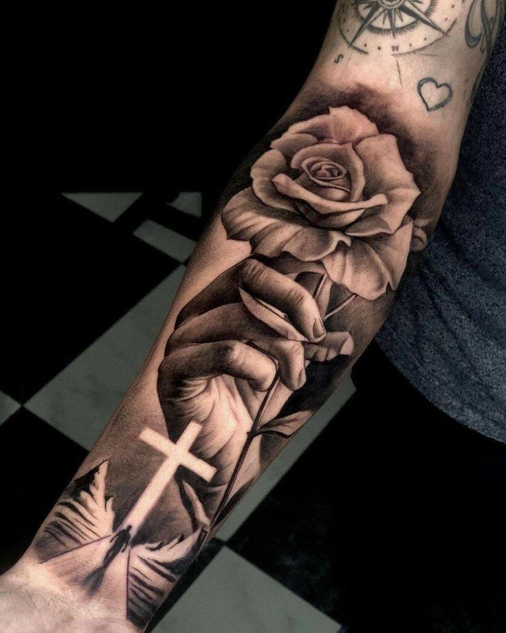 forearm Cross and rose tattoo for men 0034