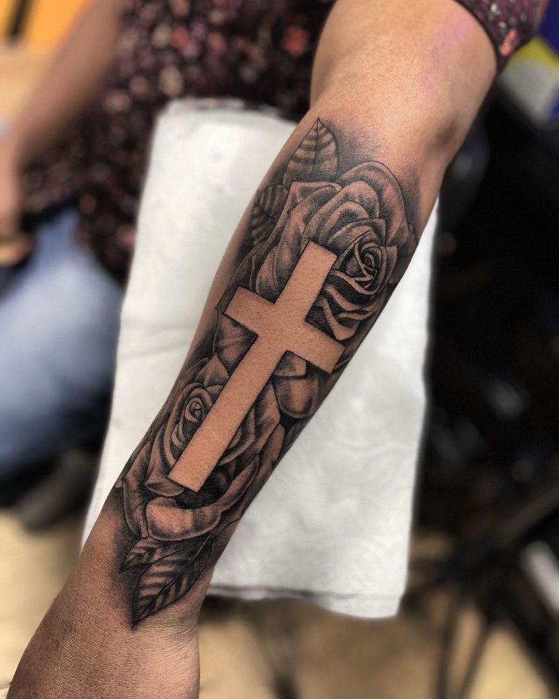 forearm Cross and rose tattoo for men 0043