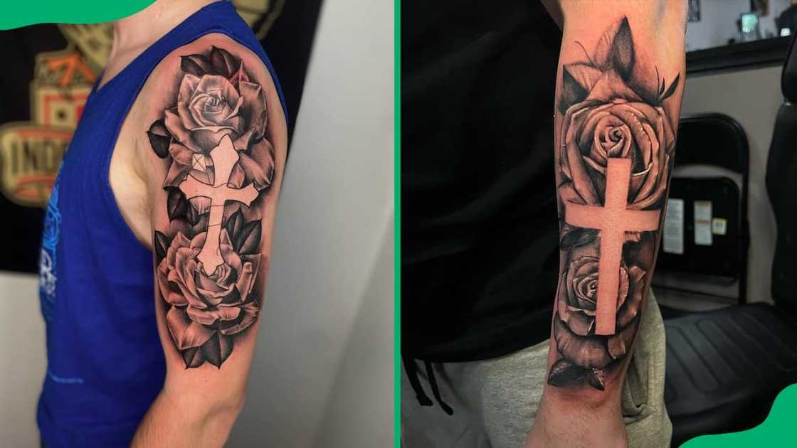 forearm Cross and rose tattoo for men 0050