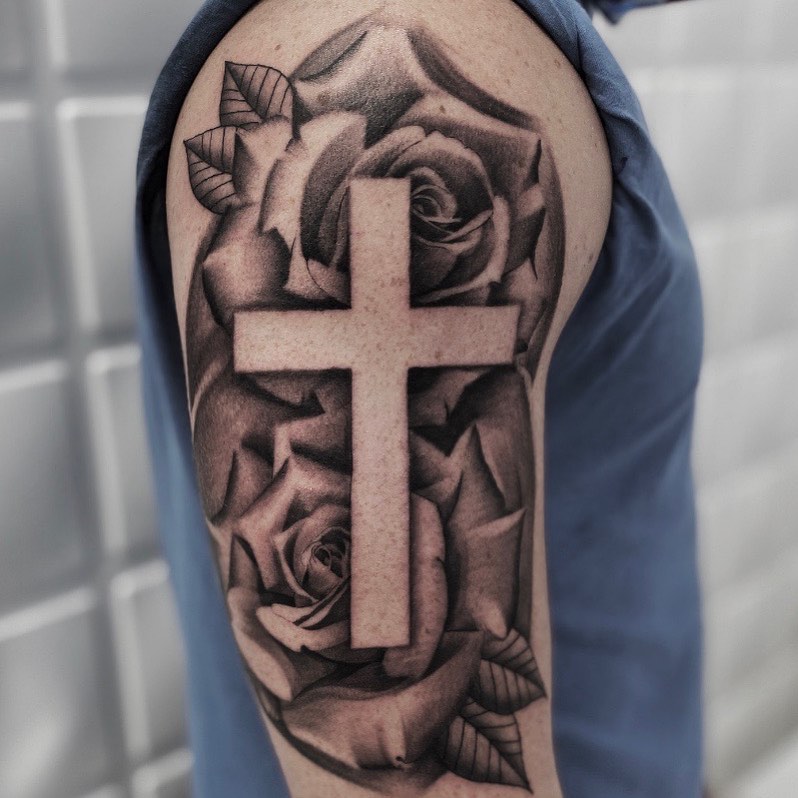 forearm Cross and rose tattoo for men 0055