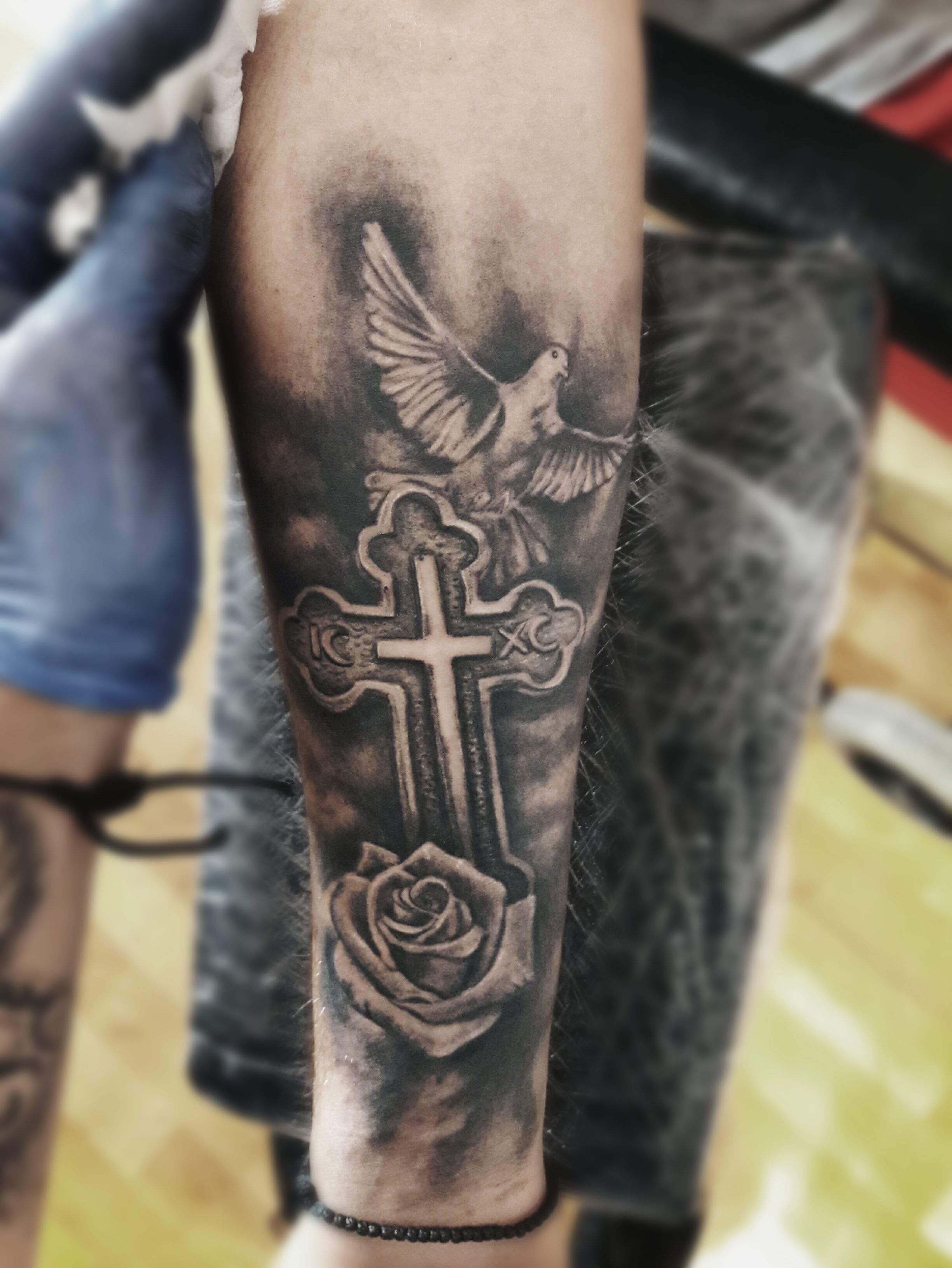 forearm Cross and rose tattoo for men 0059