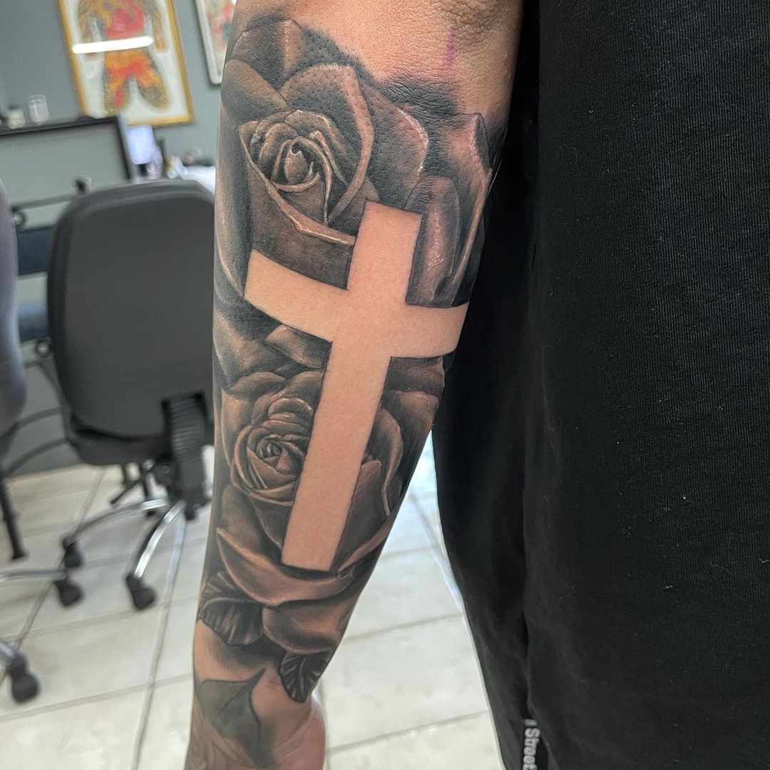 forearm Cross and rose tattoo for men 0065