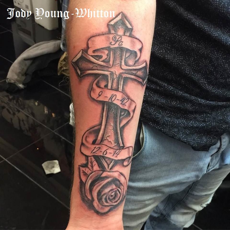 forearm Cross and rose tattoo for men 0069