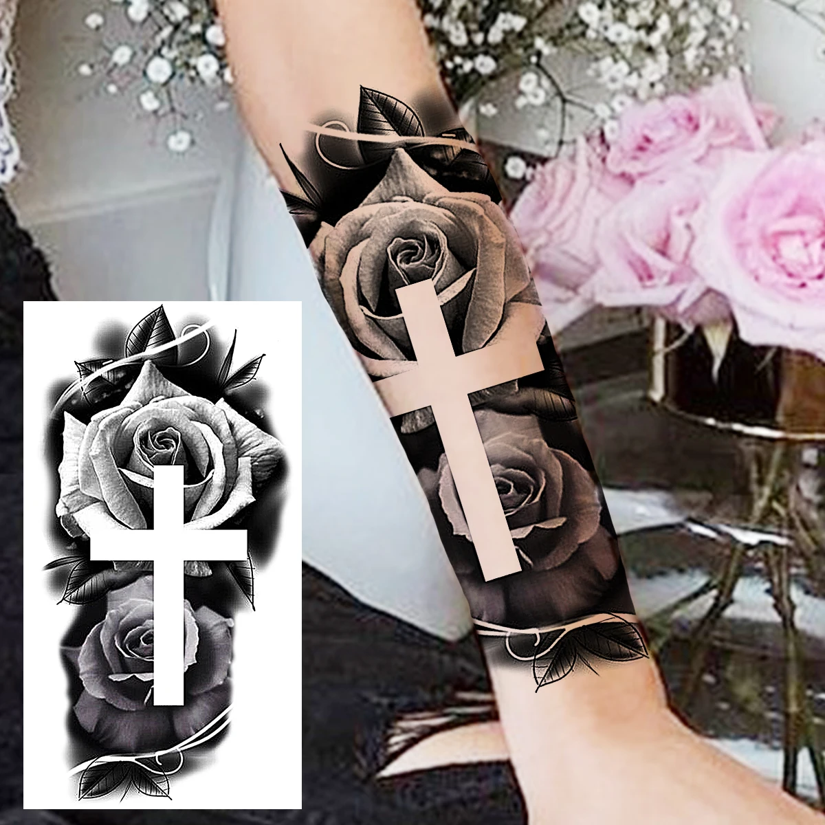 forearm Cross and rose tattoo for men 0073