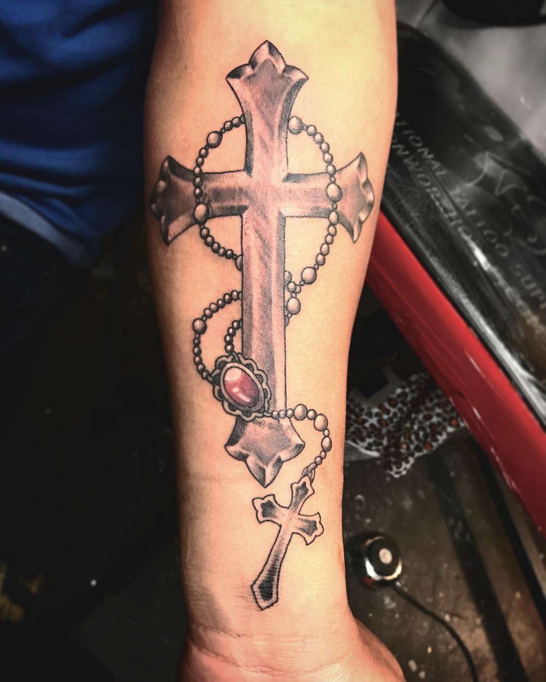 forearm Cross and rose tattoo for men 0079