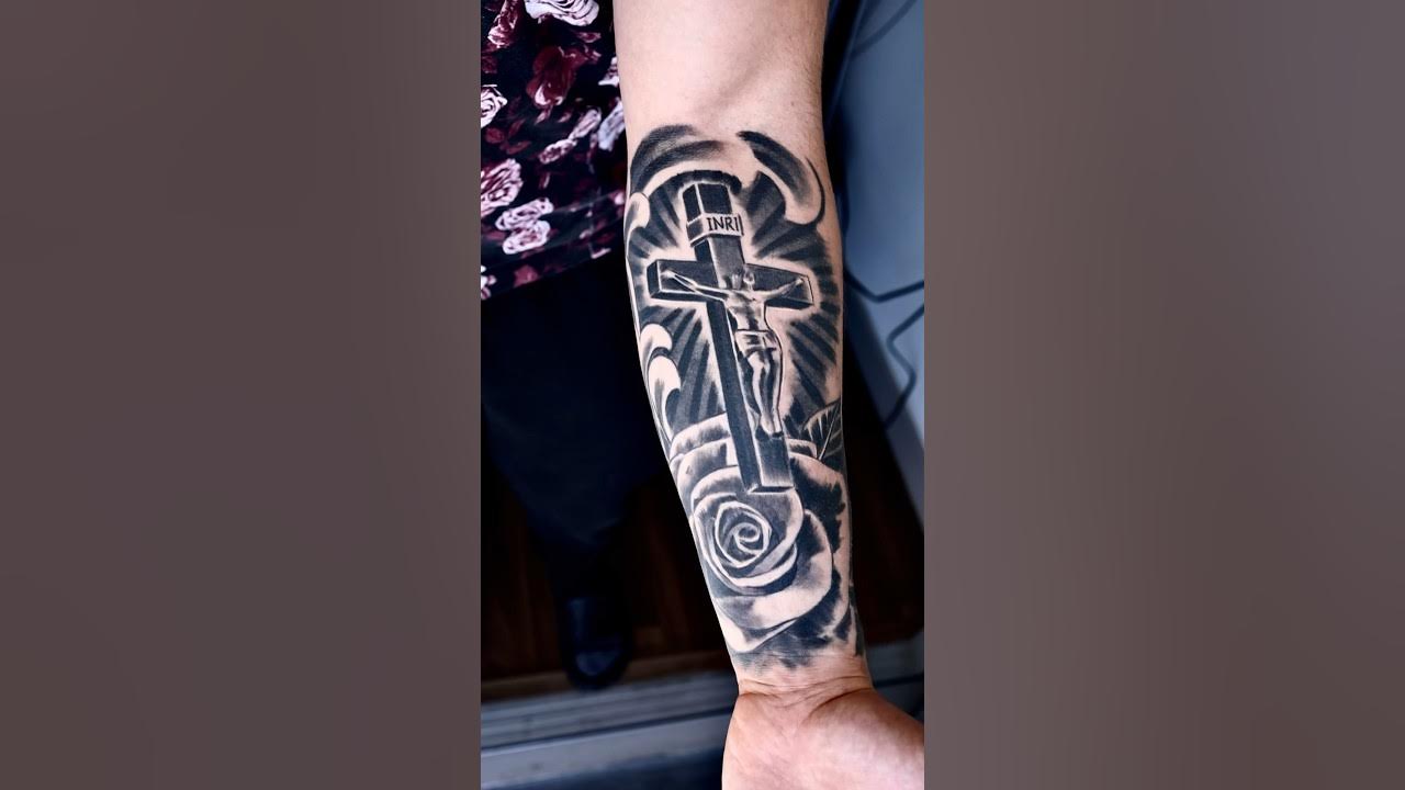 forearm Cross and rose tattoo for men 0080