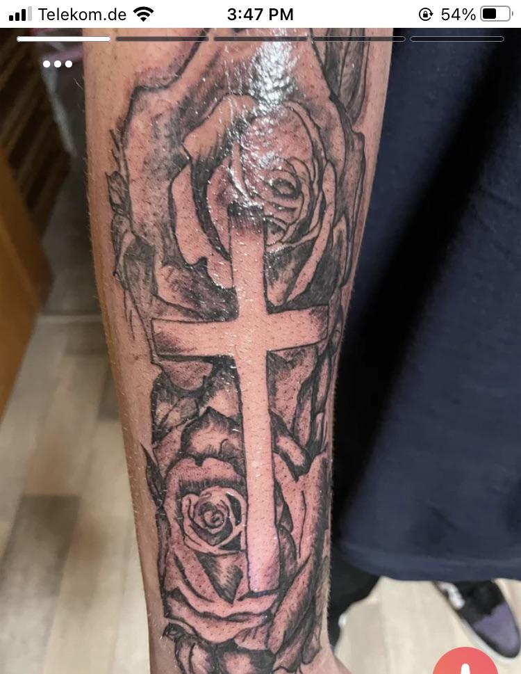 forearm Cross and rose tattoo for men 0087