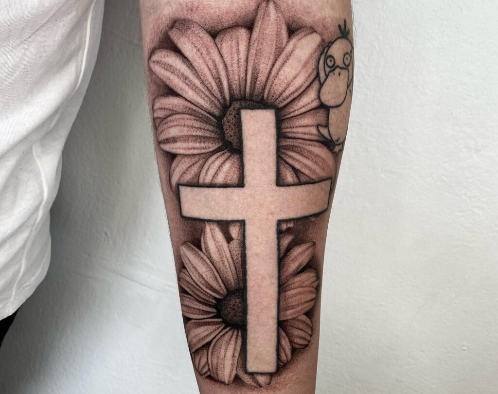 forearm Cross and rose tattoo for men 0088