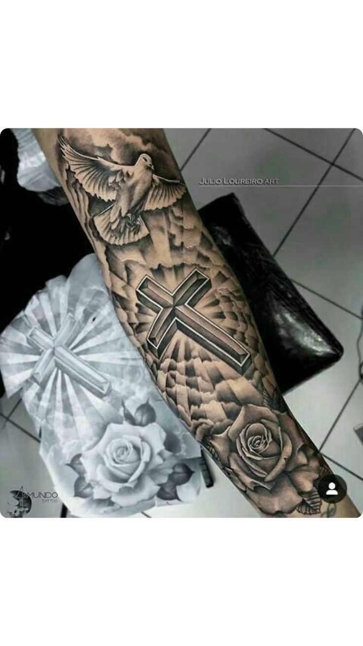 forearm Cross and rose tattoo for men 0090