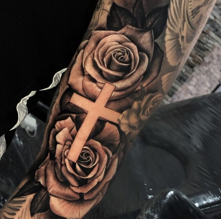 forearm Cross and rose tattoo for men 0099