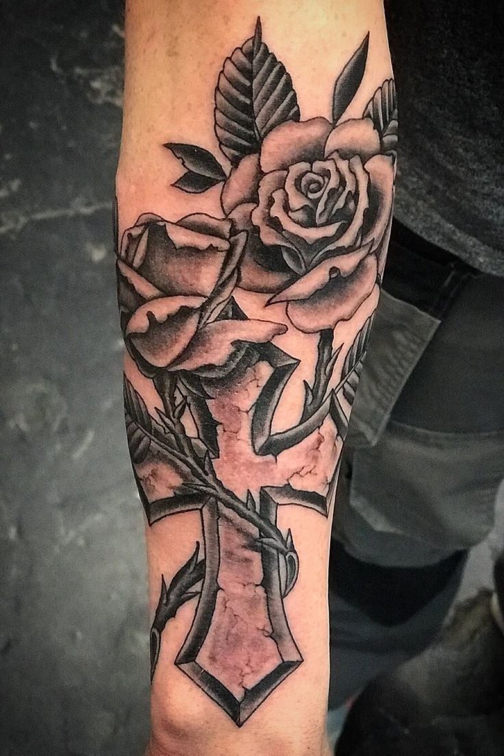 forearm Cross and rose tattoos for men with color