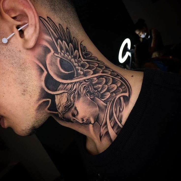 guardian angel neck tattoos for men