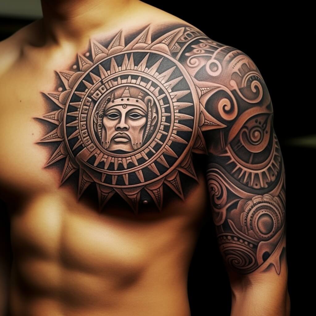 intricate Aztec warrior chest tattoos for men