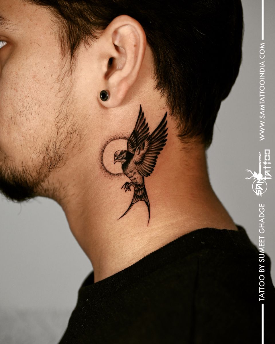 intricate bird neck tattoos for men.