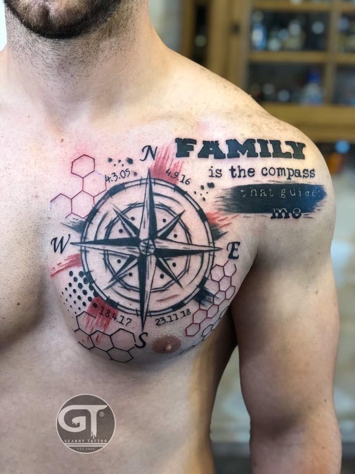 intricate compass chest tattoos for men