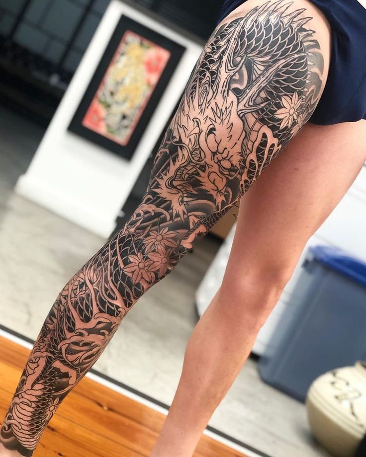 intricate dragon leg tattoos for men