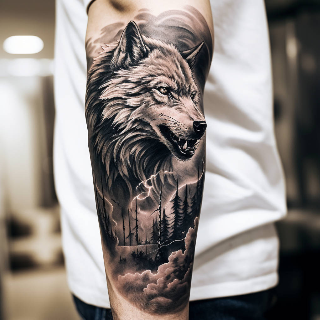 intricate wolf forearm tattoos for men