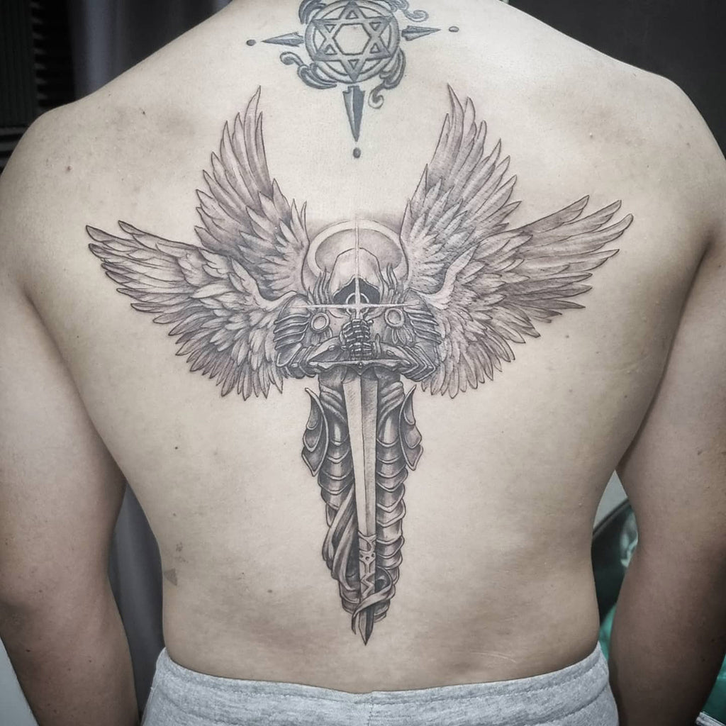 larger angel back tattoos for men