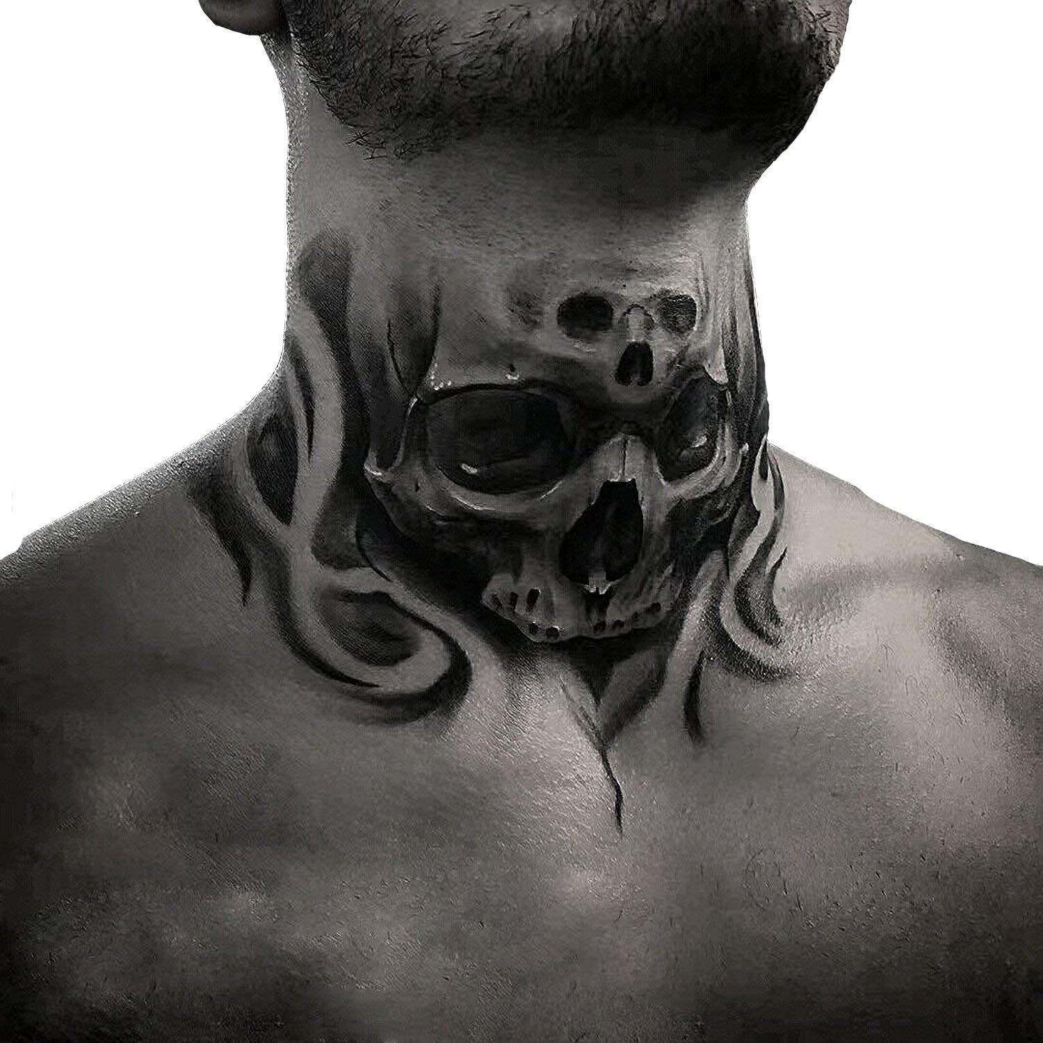 men’s throat tattoos showcasing skull artistry