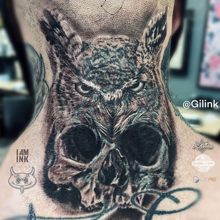 owl neck tattoos for men with geometric elements